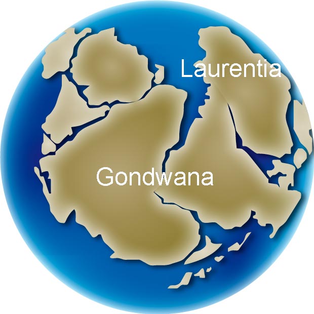 Image couleur du globe montrant le déplacement des continents Gondwana, Laurentia