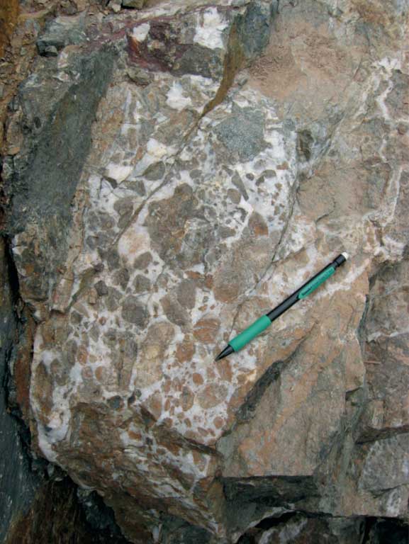 Photographie couleur d’une roche brune tachetée de blanc et de noir et d’un crayon comme valeur d'échelle