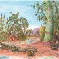 Aquarelle de petits reptiles marchant sur de la boue rouge au pied d’arbres verts