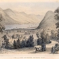 Colour print of horse and carriage, farmhouse, river and large mountains in background