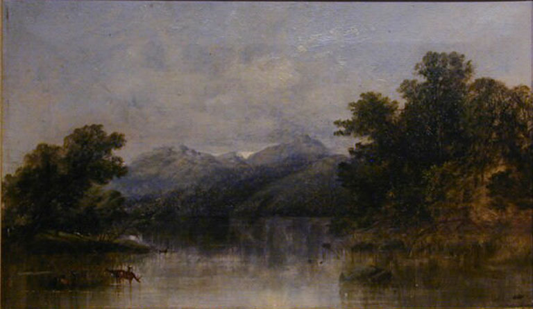 Oil painting of lake, trees, animal drinking water and mountains in background