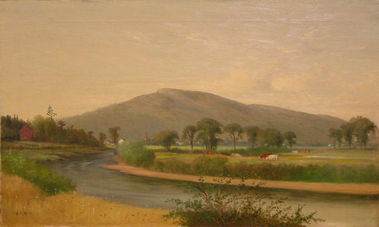 Peinture à l'huile montrant rivière, pâturage et vaches, arbres, maisons et montagne en arrière-plan