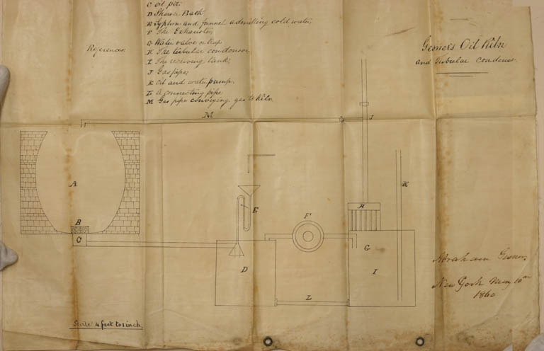 Colour image of plan of oil kiln and handwritten text