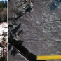 Double colour photograph of waterfalls and close up of gray rock and fossilized animal footprints