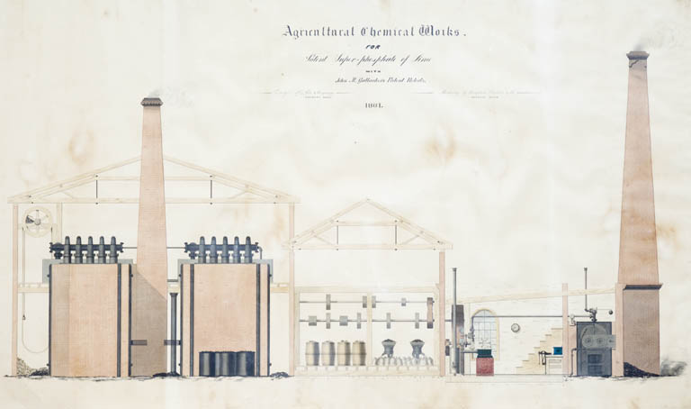 Colour drawing of interior of building with two smokestacks