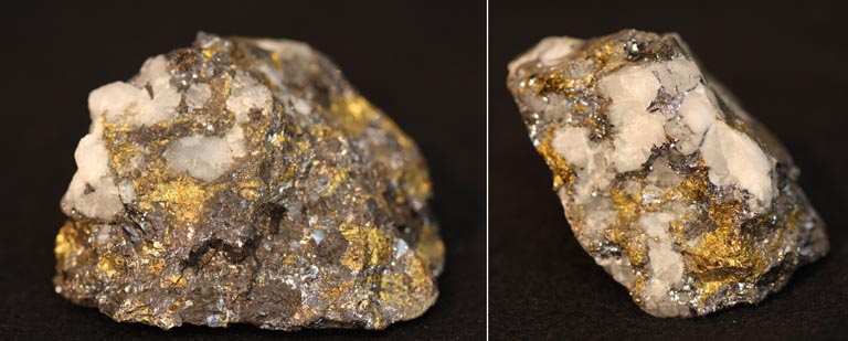 Double colour image of brown rock mottled with white and yellow