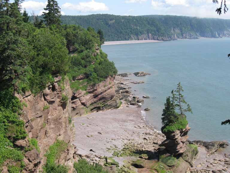 Colour photograph of a red rock cliff on the ocean with a beach and trees on top of the cliff