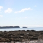 Colour photograph of the ocean shore with rock cliffs in the background