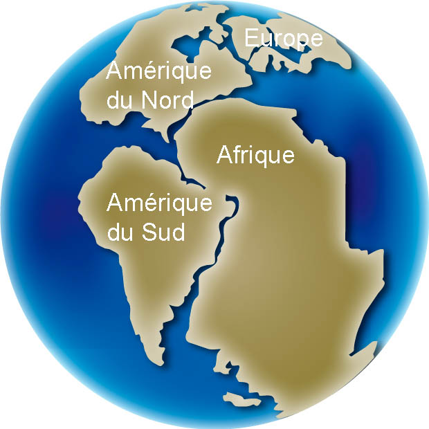Photographie couleur du globe montrant l’évolution de la position des continents,  l'Amérique du Nord, de l’Amérique du Sud, de l’Europe et de l’Afrique