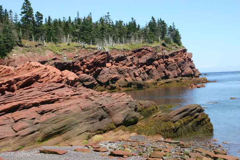 Photographie couleur d’une roche en grès rouge au bord de l’océan avec une plage et des arbres au sommet de la falaise