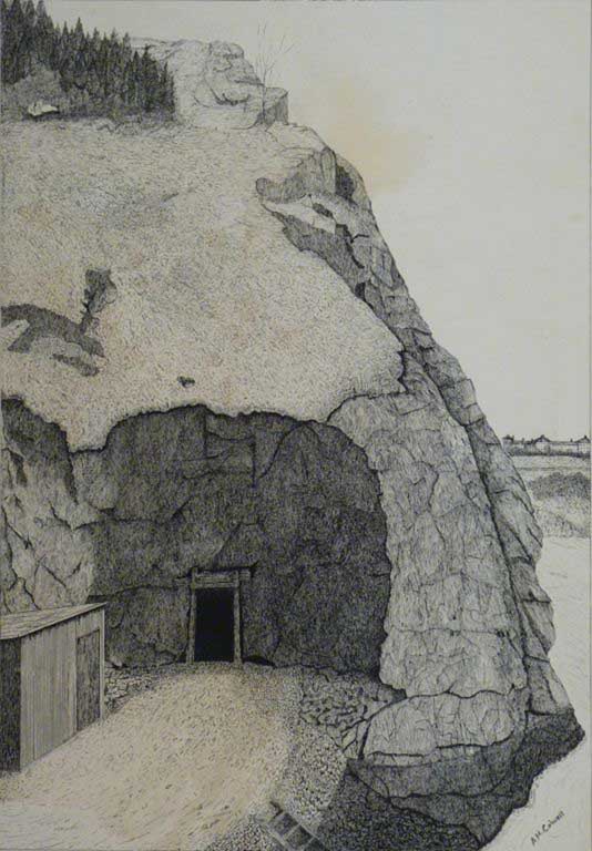 Black and white image of mine entrance