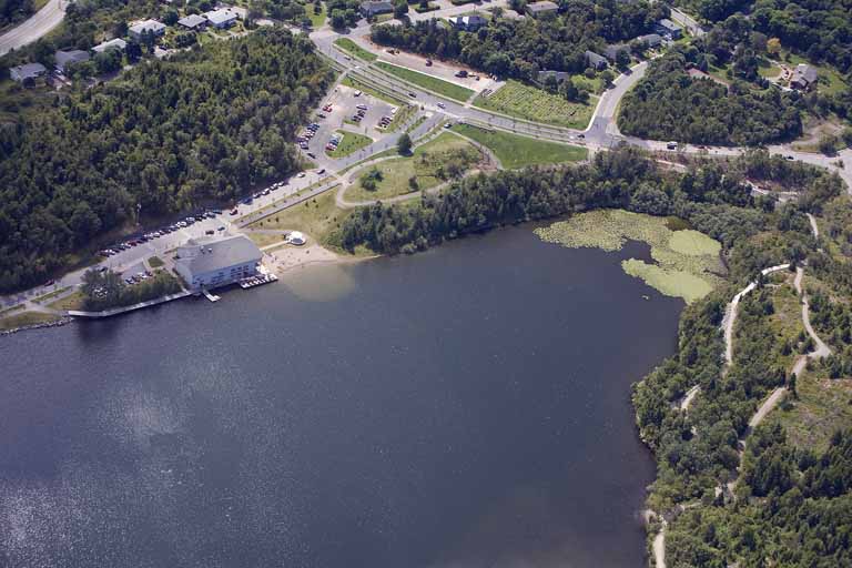 Colour aerial photograph of lake and buildings