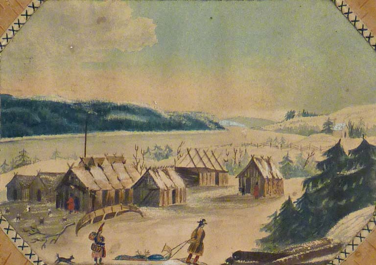 Colour painting of two people in front of small buildings with the river and hills behind white with snow