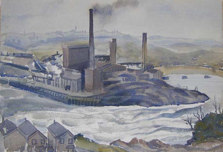 Colour painting of a factory with river in front and green hills behind