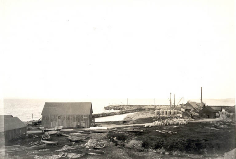 Black and white photograph of an old stone quarry with a old building blocks of stone