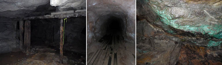 Triple colour image of an old mineshaft with wooden pillars, a mine tunnel, and gray and green rock
