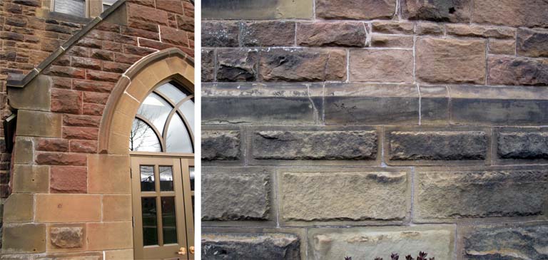 Double colour image of red sandstone around a doorway and a close up of red and gray sandstone wall