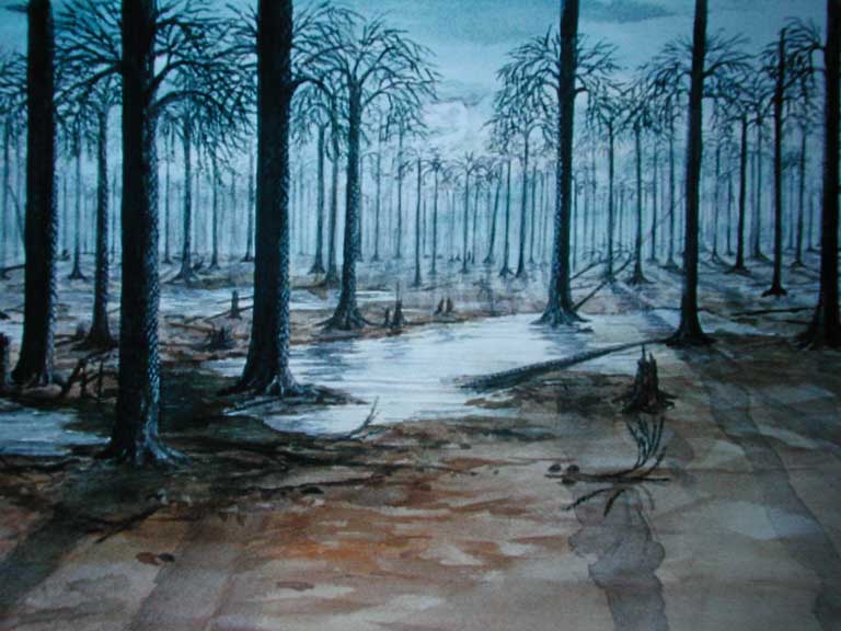 Watercolour painting of tall trees in the moonlight
