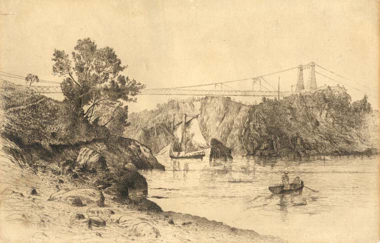 Black and white image of river, rowboat, woodboat, rock cliffs and suspension bridge
