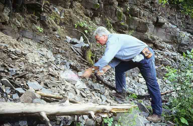 Colour photograph of man leaning down and picking rocks