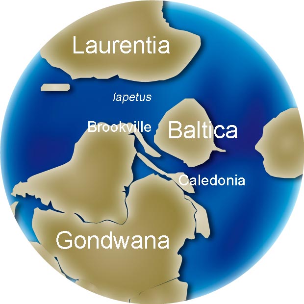 Image couleur du globe montrant le déplacement des continents Gondwana, Baltica, Laurentia, Brookville, Caledonia