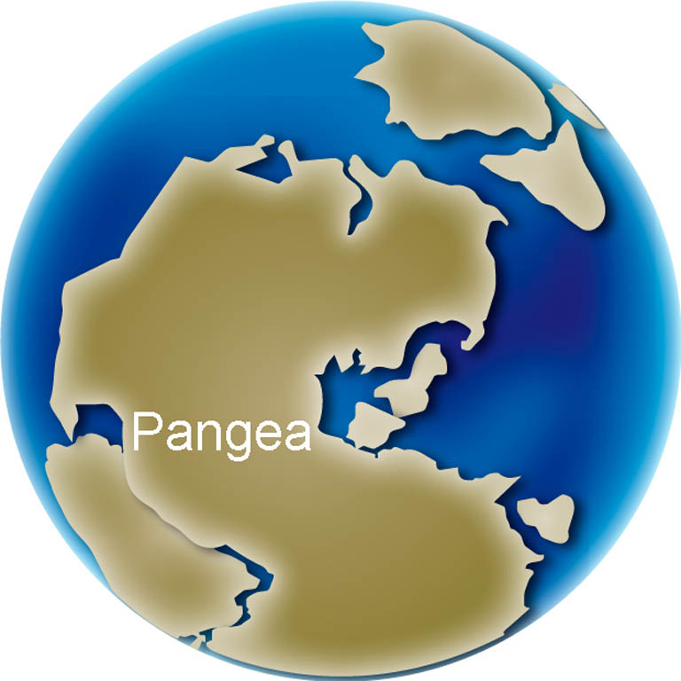 Image couleur d’un globe montrant l’évolution de la position du continent Pangea