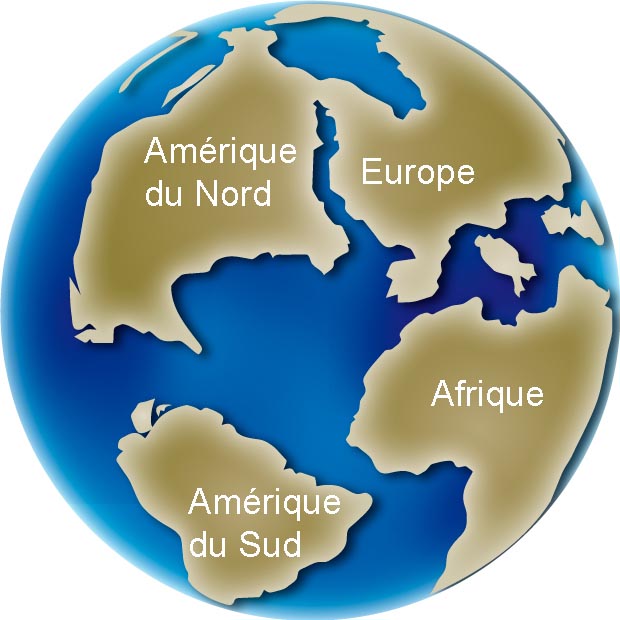 Photographie couleur du globe montrant l’évolution de la position des continents,  l'Amérique du Nord, de l’Amérique du Sud, de l’Europe et de l’Afrique