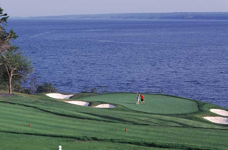 Colour photograph of green grass with spots white sand with the blue ocean behind