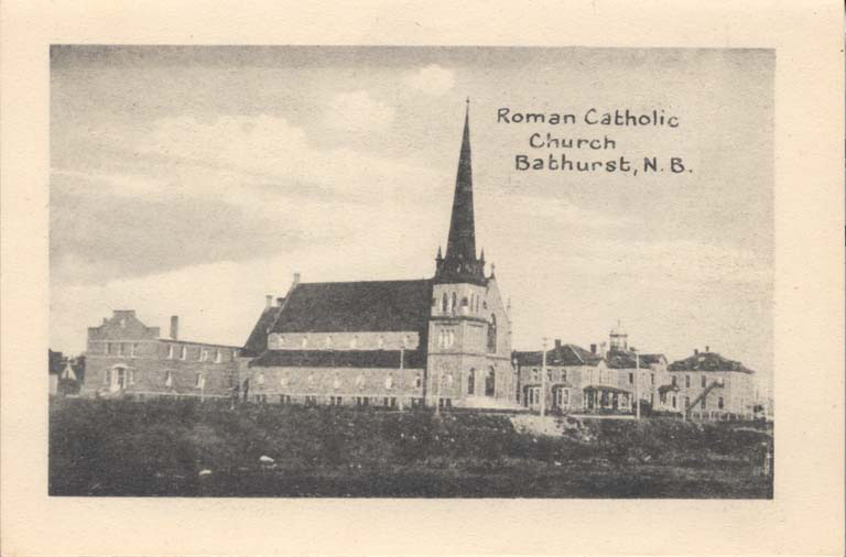 Black and white postcard of stone church