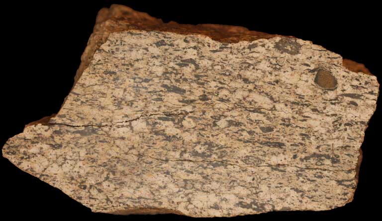 Colour image of brown rock mottled with black and yellow spots