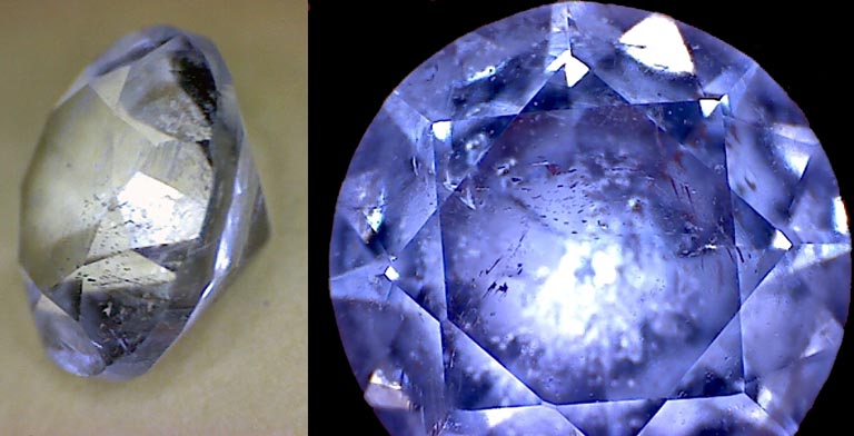 Double colour image of round, clear gemstone with blue reflection