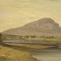 Oil painting of small house by river, large mountain in background