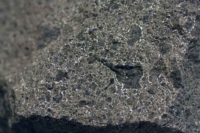 Colour image of black rock with light gray and white circles and spots