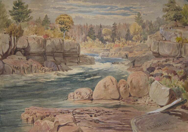 Watercolour painting of river flowing through and over rock ledges, cliffs and shoreline