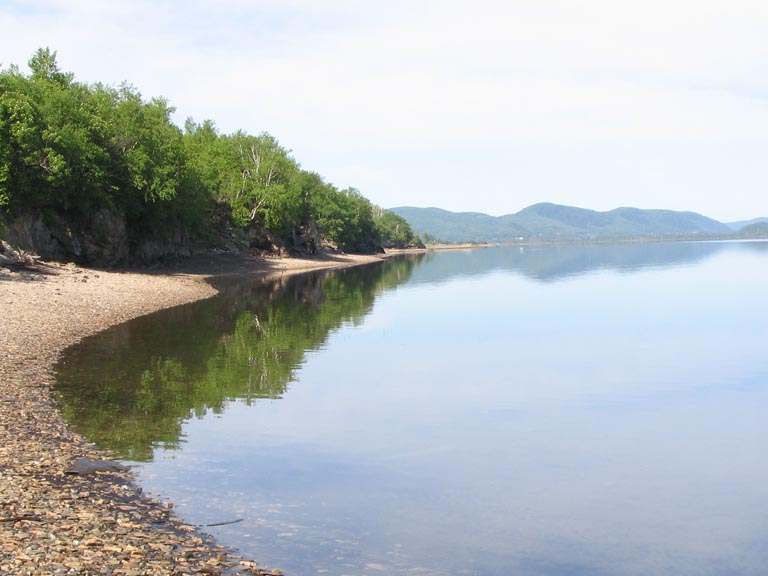 Colour photograph of still water, rocky shoreline and trees