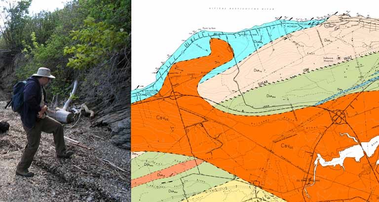 Double colour image of man in forest on left, geological map of northern New Brunswick on right