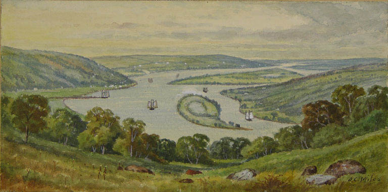 Painting of river valley with islands, wharves and boats