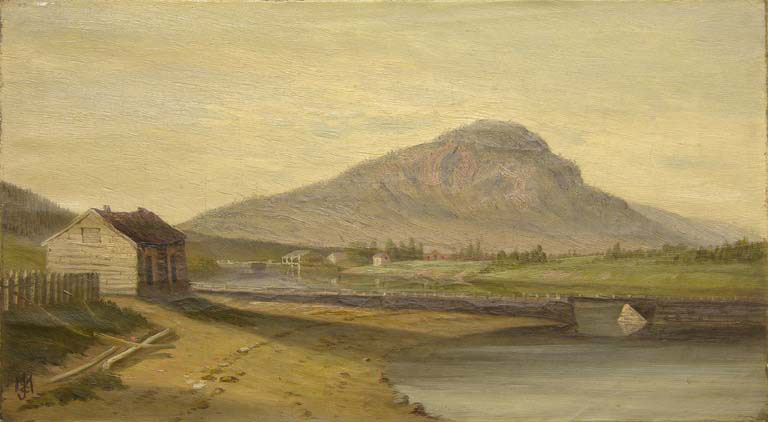 Peinture à l'huile illustrant une petite maison près d’une rivière, une grosse montagne en arrière-plan
