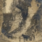 Black and white photograph of steep cliffs, two horses with wagons and several men with shovels