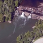 Colour aerial photograph of waterfalls, rocky ledges and trees