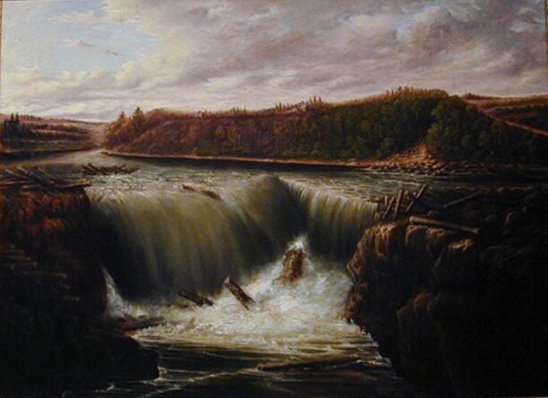 Colour image of waterfall, trees and mountains