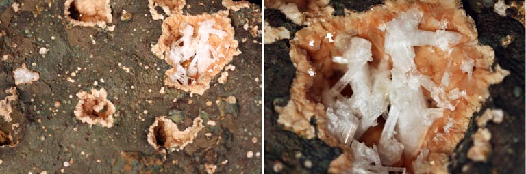 Double image of a brown rock with orange and white spots and orange and white crystals in a brown rock