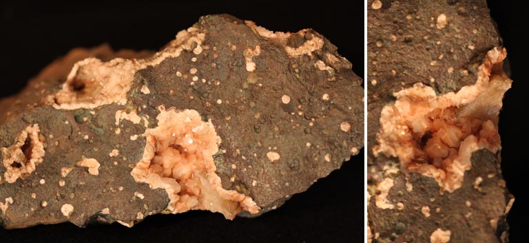 Double image of a brown rock with orange spots and orange crystals in a brown rock