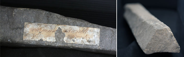 Double image of a long gray rock with paper label ‘columnar basalt’ and a side view of the same
