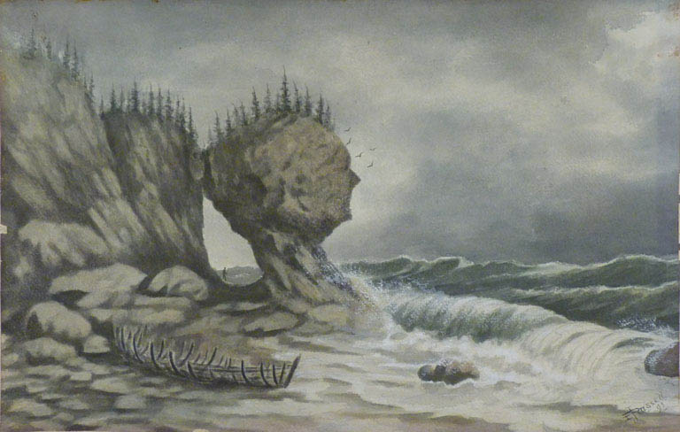 Colour painting of a rock cliff on the shore with crashing waves