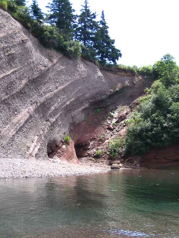 Photographie couleur d’une falaise en roche brune et rouge au bord de l’océan avec, au sommet, des arbres