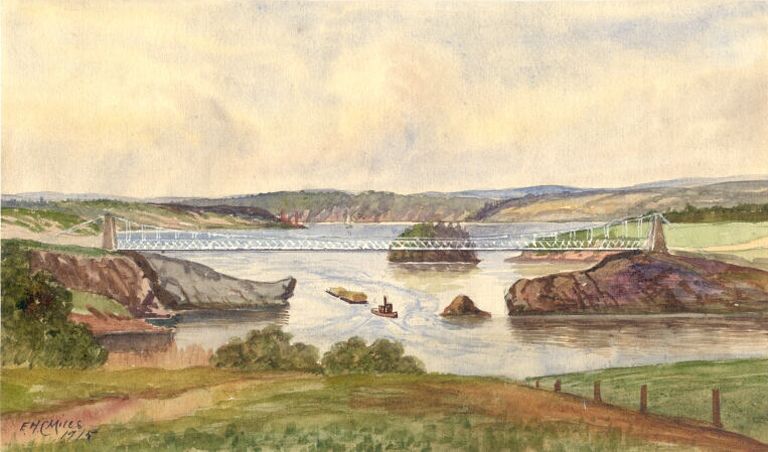 Watercolour painting of suspension bridge, river and islands