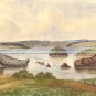 Watercolour painting of suspension bridge, river and islands
