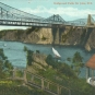 Colour postcard of suspension bridge, river,  sailboats and gazebo