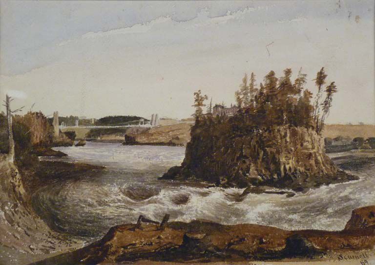 Colour image of rocky island, river rapids and suspension bridge in background